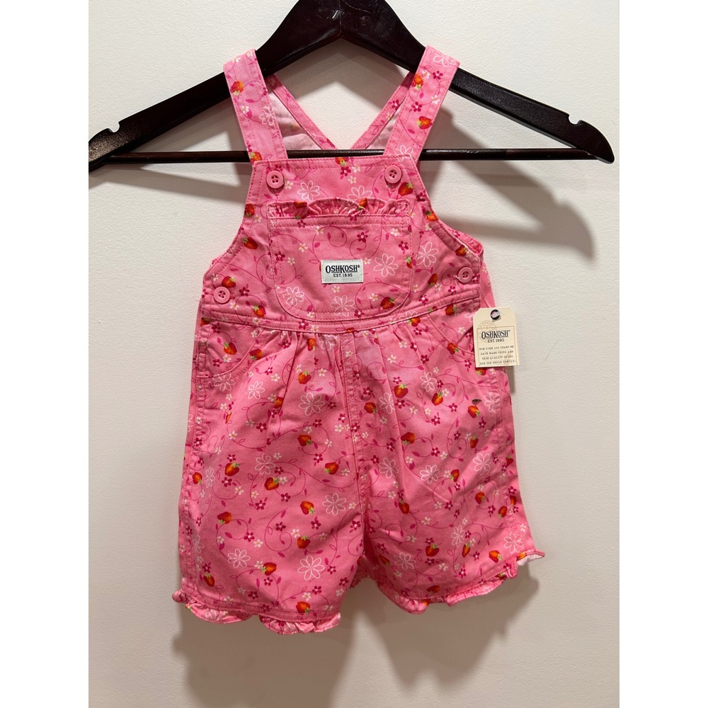 Y2K OshKosh Bgosh Pink Strawberry Floral Ruffle Overall Shorts 18 Months 401181